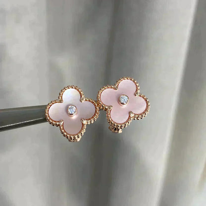 [⭐Aura]CLOVER MEDIUM 1 MOTIFS  PINK MOP DIAMOND EARRINGS