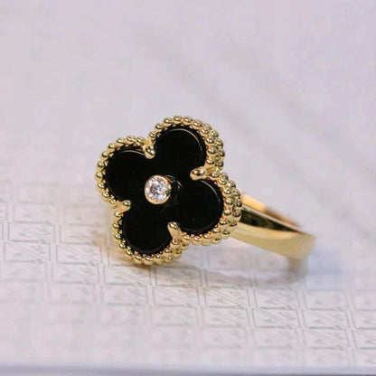 [⭐Aura]CLOVER ONYX RING GOLD DIAMOND