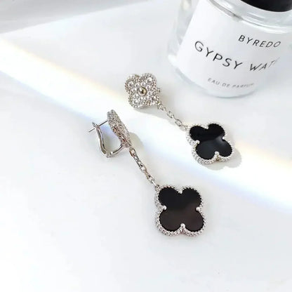 [⭐Aura]CLOVER 2 MOTIFS  DIAMOND ONYX EARRINGS SILVER