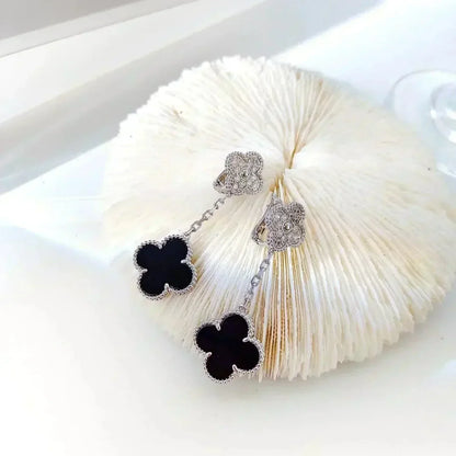 [⭐Aura]CLOVER 2 MOTIFS  DIAMOND ONYX EARRINGS SILVER