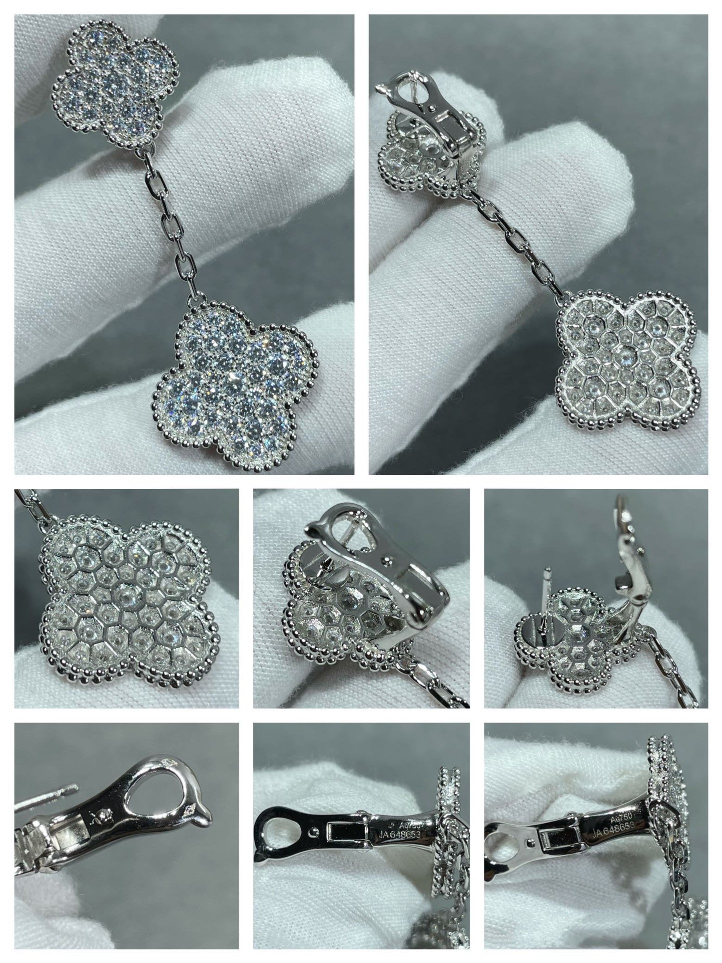 [⭐Aura]CLOVER 2 MOTIFS DIAMOND PAVED SILVER EARRINGS