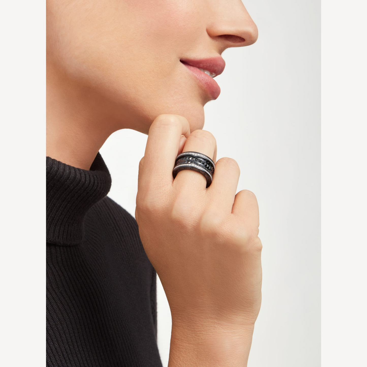 [⭐Aura]ZERO 1 ROCK FOUR-BAND BLACK CERAMIC WITH STUDDED SPIRAL AND PAVED DIAMONDS RING