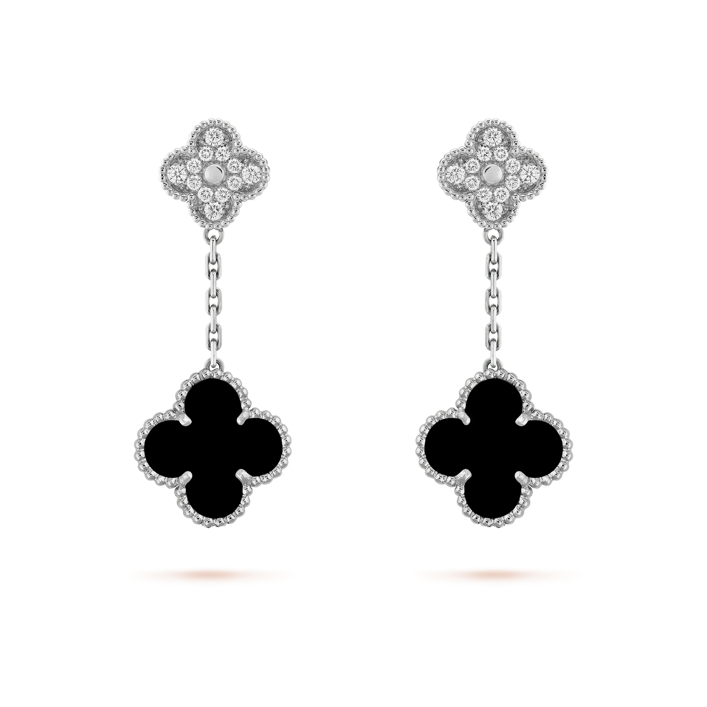 [⭐Aura]CLOVER 2 MOTIFS  DIAMOND ONYX EARRINGS SILVER