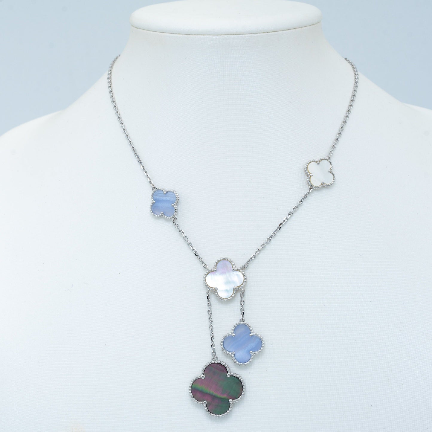 [⭐Aura]CLOVER MOP CHALCEDONY NECKLACE SILVER 6 MOTIF