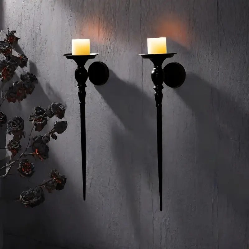 Set of 2 Vintage Black Staff Candle Holders, Metal Wall Mounted Candlesticks for Bedroom, Living Room, Kitchen, Patio Entryway, Perfect for Christmas, Halloween, Easter, Hanukkah Decor
