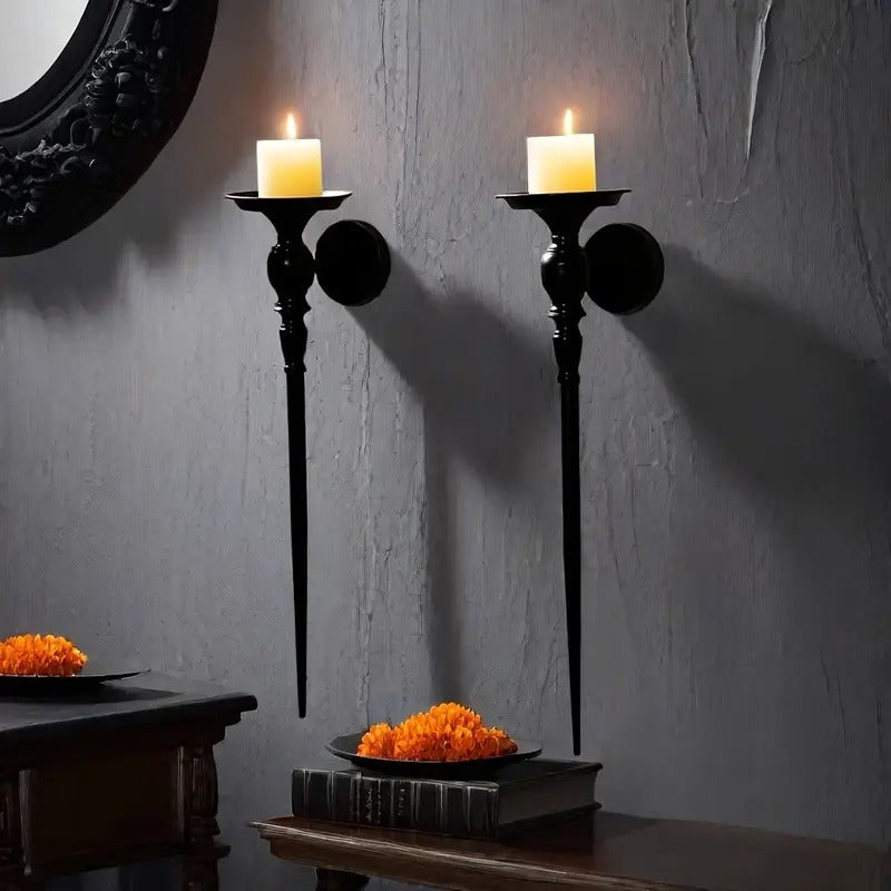 Set of 2 Vintage Black Staff Candle Holders, Metal Wall Mounted Candlesticks for Bedroom, Living Room, Kitchen, Patio Entryway, Perfect for Christmas, Halloween, Easter, Hanukkah Decor