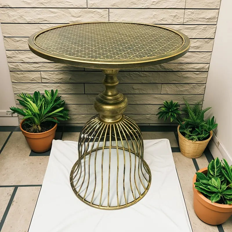 Vintage Industrial Metal and Iron Coffee table - Antique Brass/ Copper-like finish, Heavy-Duty Outdoor/Indoor center or side table for Patio, Cafe, Bar, Living Room - No Wiring Needed, Easy Maintenance, Patio Furniture, 