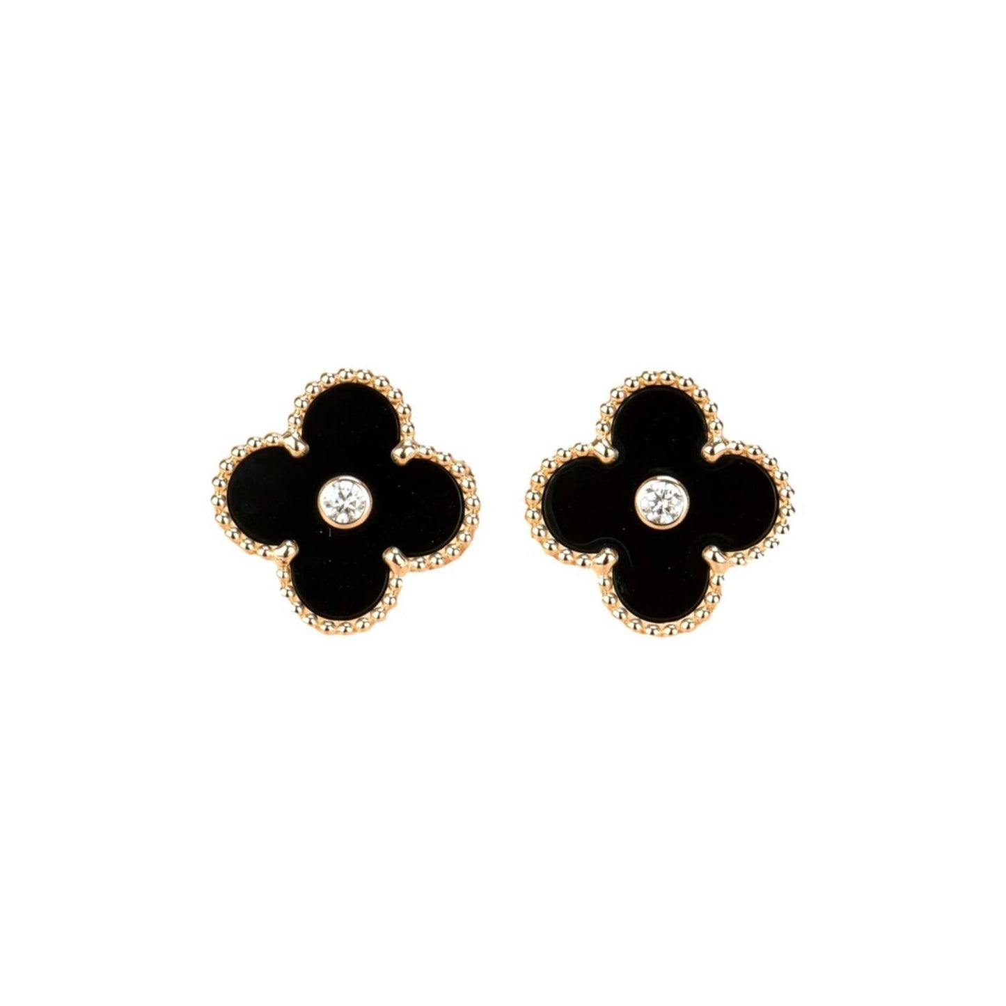 [⭐Aura]CLOVER MEDIUM 1 MOTIFS ONYX DIAMOND EARRINGS