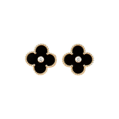 [⭐Aura]CLOVER MEDIUM 1 MOTIFS ONYX DIAMOND EARRINGS